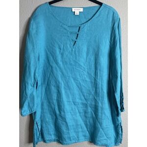 Calligraphie Linen Boho Coastal Top Cutout Neck 3/4‎ Sleeve Casual Blouse Size L